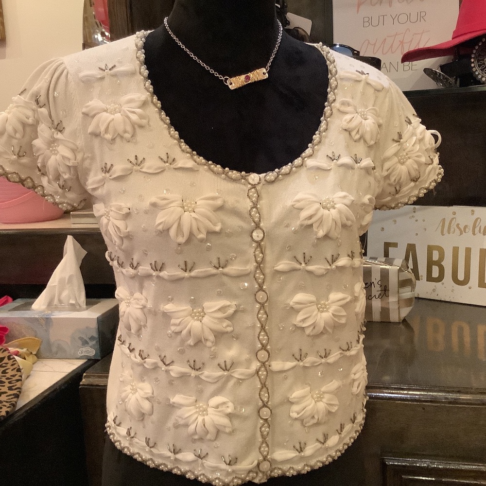Beautiful Joseph A. Short sweater with pearl , sequin and ribbon detail